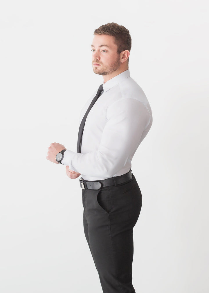 White Tapered Fit Shirt For Men. A Proportionally Fitted and white Muscle Fit Shirt with tie. Ideal for bodybuilders.