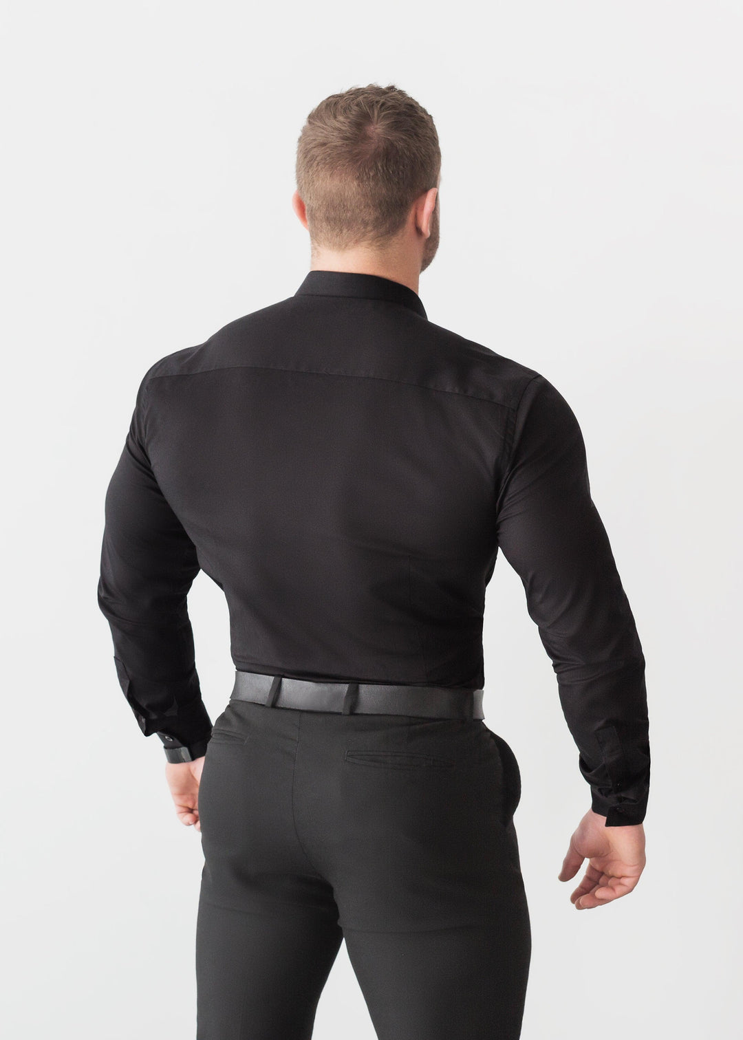 Black Tapered Fit Shirt Back. A Proportionally Fitted and Comfortable Muscle Fit Shirt. Ideal for bodybuilders.