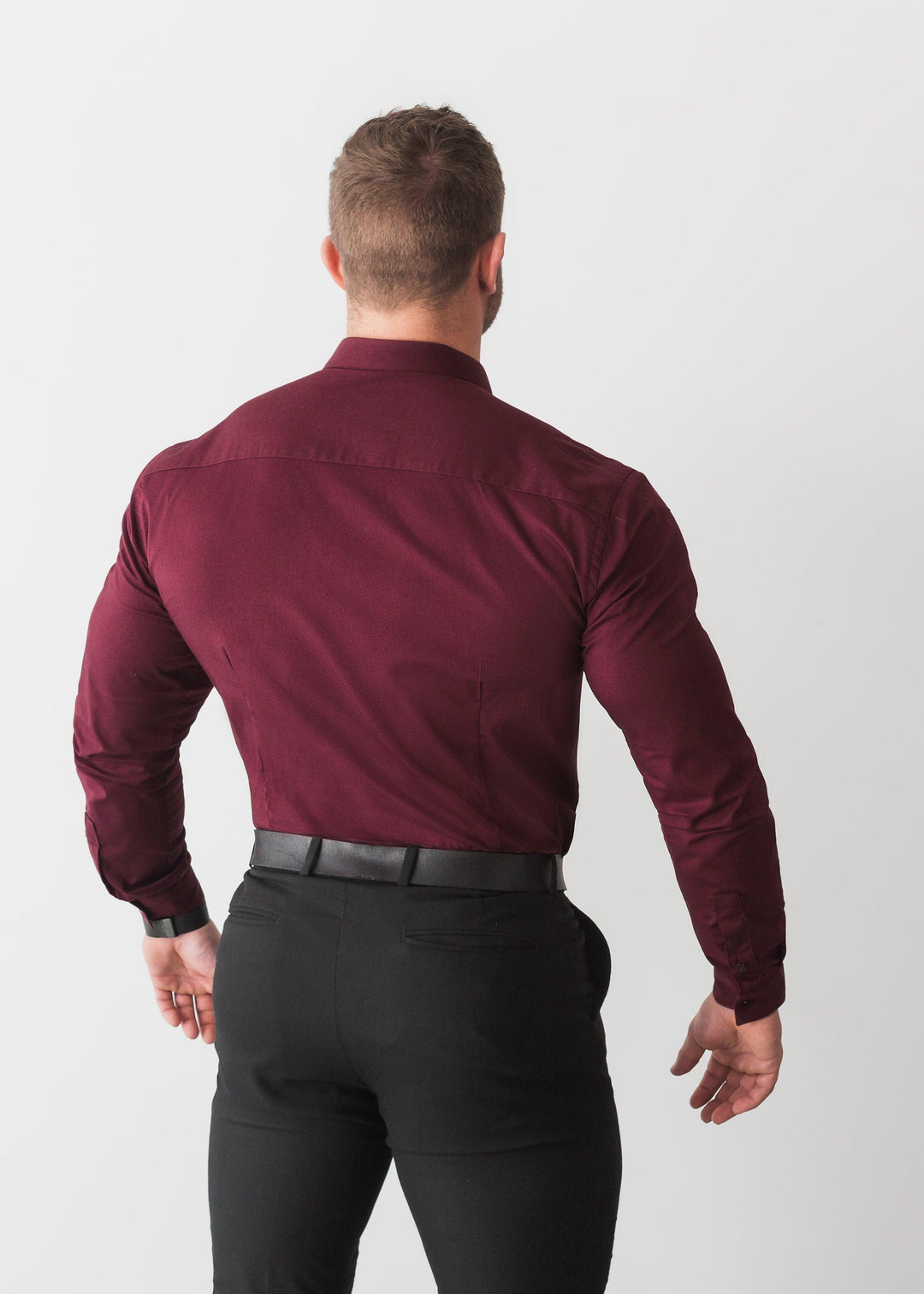 Burgundy V Tapered Fit Shirt. A Proportionally Fitted and Comfortable Muscle Fit Shirt. Ideal for bodybuilders