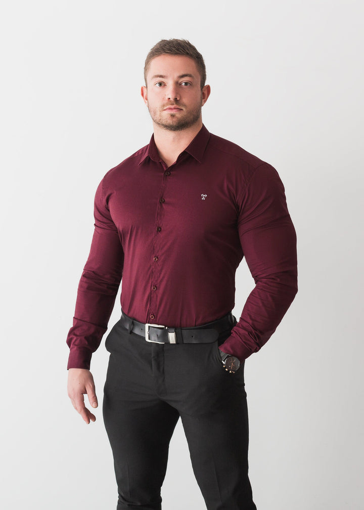 Burgundy Formal Tapered Fit Shirt For Men. A Proportionally Fitted and Comfortable Muscle Fit Shirt. Ideal for bodybuilders