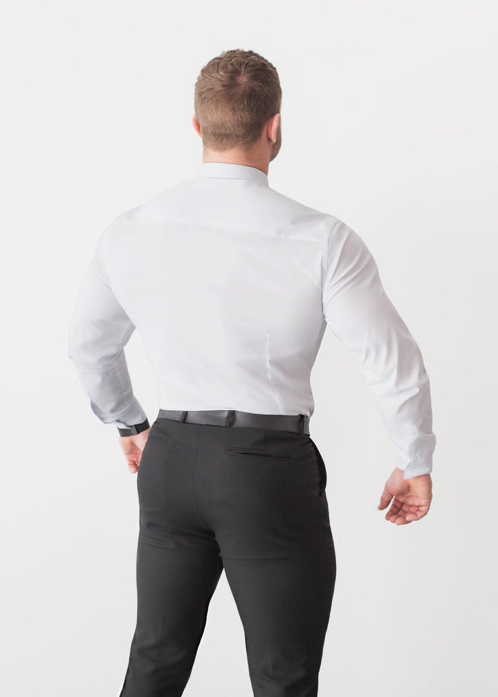 White Tapered Fit Shirt For Men Back. A Proportionally Fitted and white Muscle Fit Shirt. Ideal for bodybuilders.