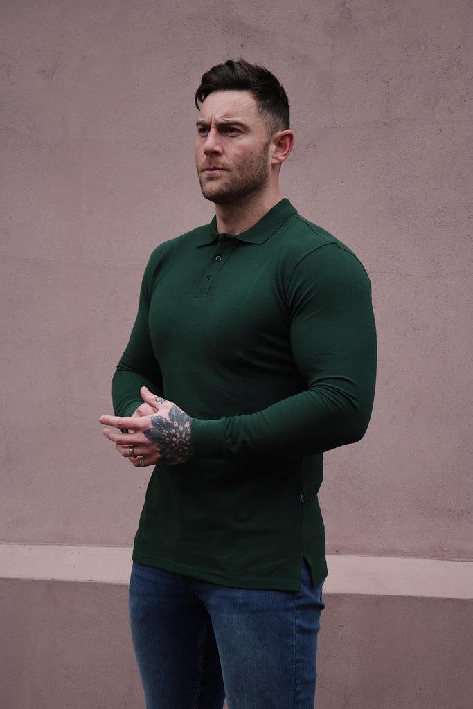 Green long sleeve muscle fit polo by tapered menswear