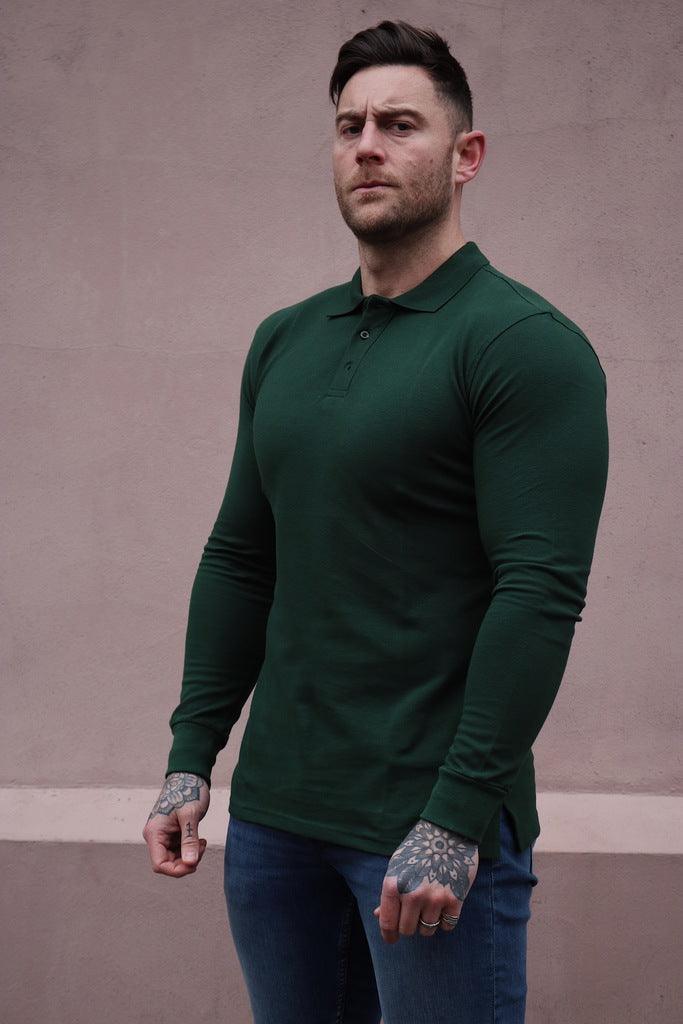 Green long sleeve muscle fit polo shirt
