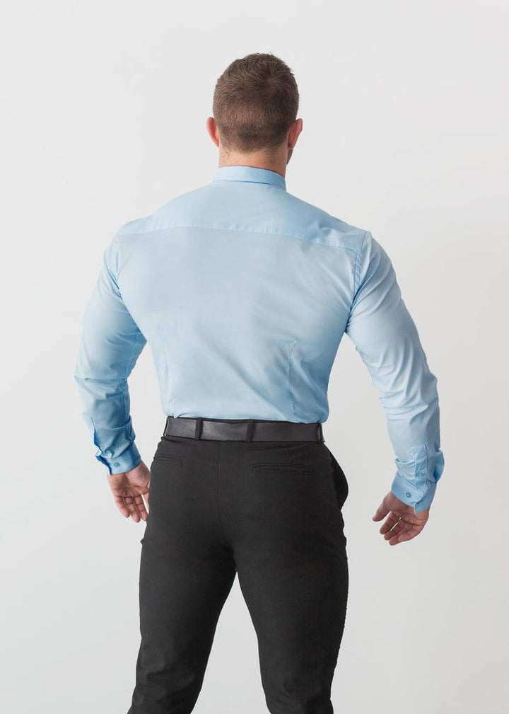 Light Blue Tapered Fit Shirt. A Proportionally Fitted and Comfortable Muscle Fit Shirt with a close fit. Ideal for bodybuilders