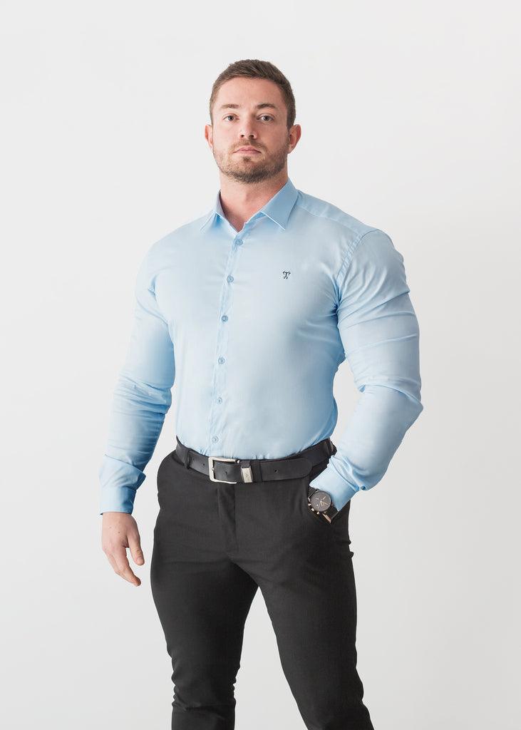 Light Blue Tapered Fit Shirt. A Proportionally Fitted and Comfortable Muscle Fit Shirt. Ideal for bodybuilders