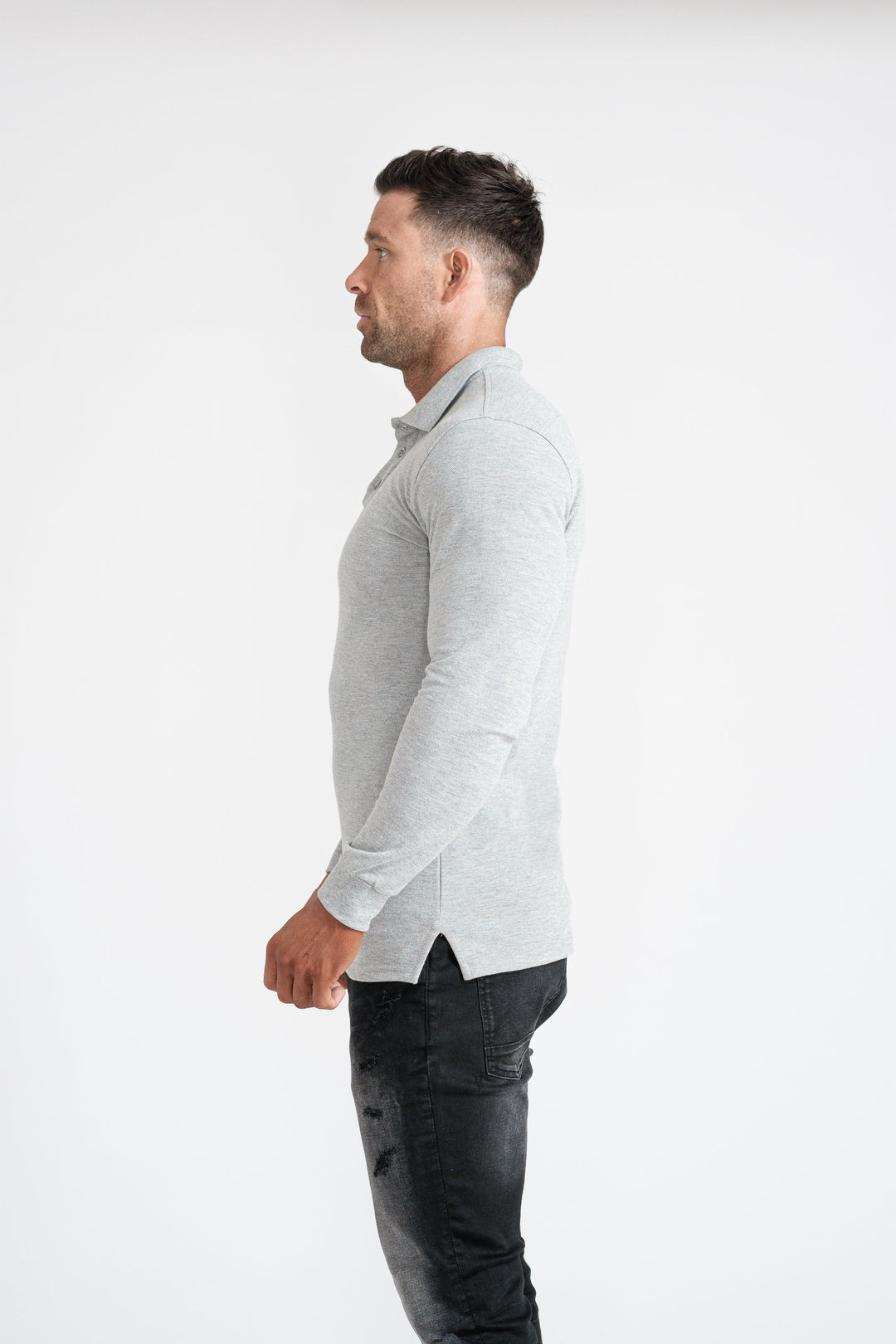 Mens Grey Muscle Fit Polo Shirt. A Proportionally Fitted and Muscle Fit Polo. Ideal for athletes.