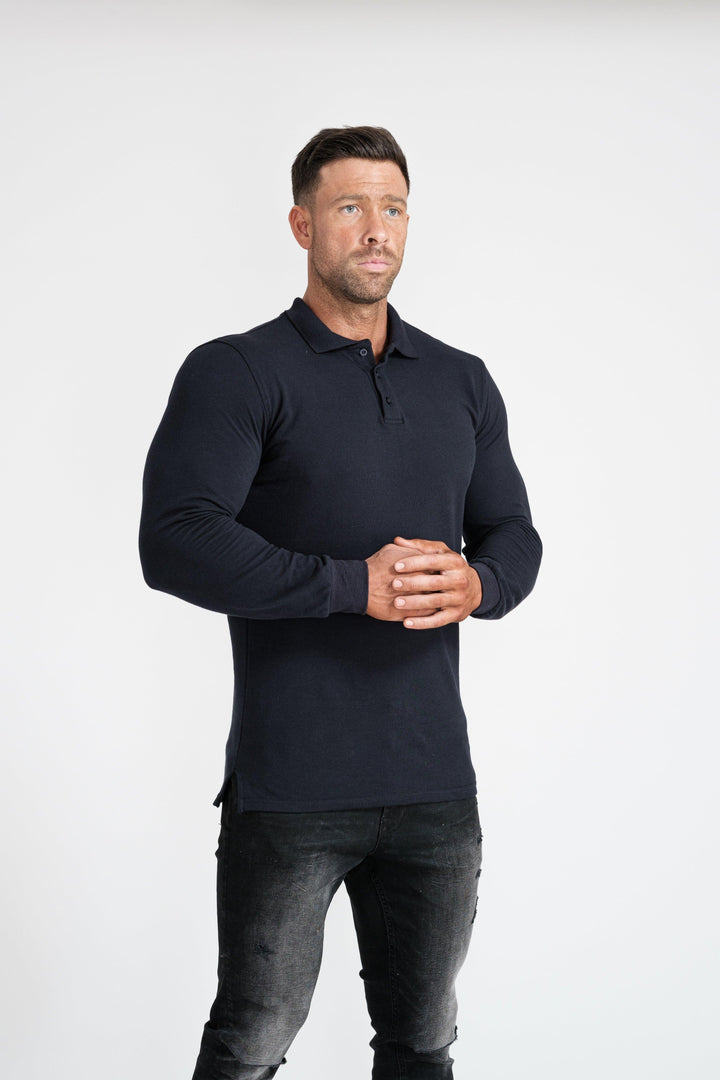 Mens Long Sleeve Navy Muscle Fit Polo Shirt. A Proportionally Fitted and Tight Polo Shirt. Ideal for bodybuilders.