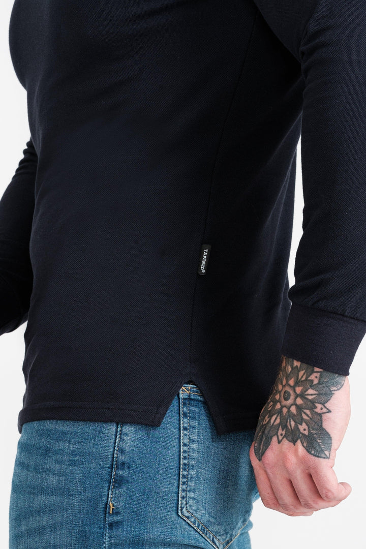 Long Sleeve Navy Tapered Fit Polo Shirt. A Proportionally Fitted and Muscle Fit Polo. Ideal for bodybuilders.