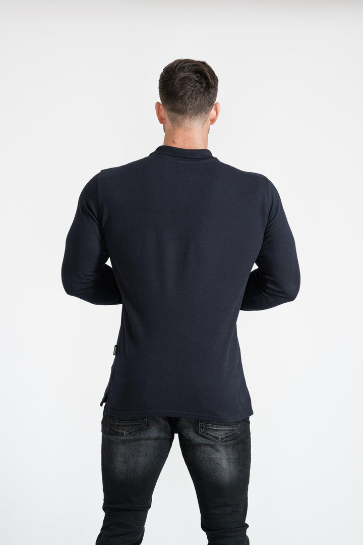 Long Sleeve Muscle Fit Navy Polo Shirt. A Proportionally Fitted and Muscle Fit Polo. Ideal for bodybuilders.
