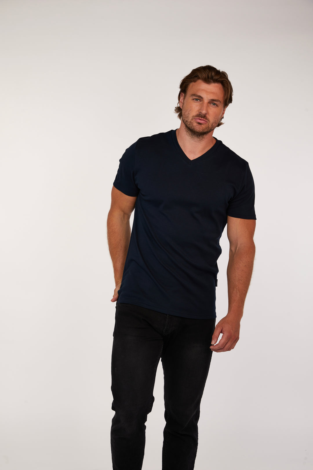 Mens Navy Muscle Fit V-Neck T-Shirt in Short Sleeve. A Proportionally Fitted and Muscle Fit V Neck. The best v neck t-shirt for muscular guys.