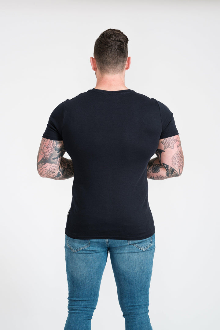 Navy Mens Tapered Fit T-Shirt. A Proportionally Fitted and Muscle Fit T-Shirt. Ideal for athletes.