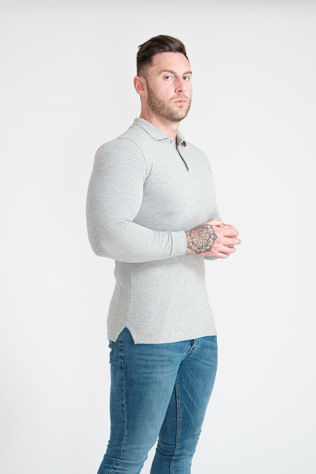 Mens Grey Tapered Fit Polo Shirt. A Proportionally Fitted and Muscle Fit Polo in Grey. Ideal for bodybuilders.