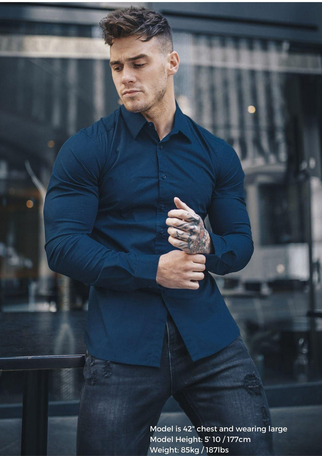 Navy Blue Tapered Fit Shirt. A Proportionally Fitted and Comfortable Navy Muscle Fit Shirt. Ideal for bodybuilders