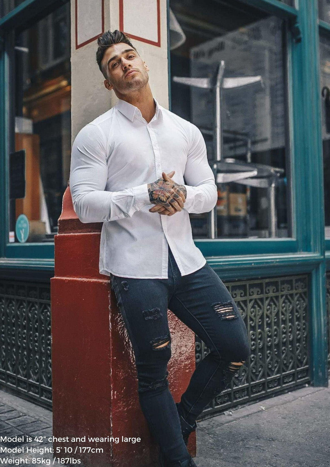 Lewis Harrison White Tapered Fit Shirt For Men. A Proportionally Fitted and white Muscle Fit Shirt. Ideal for bodybuilders.