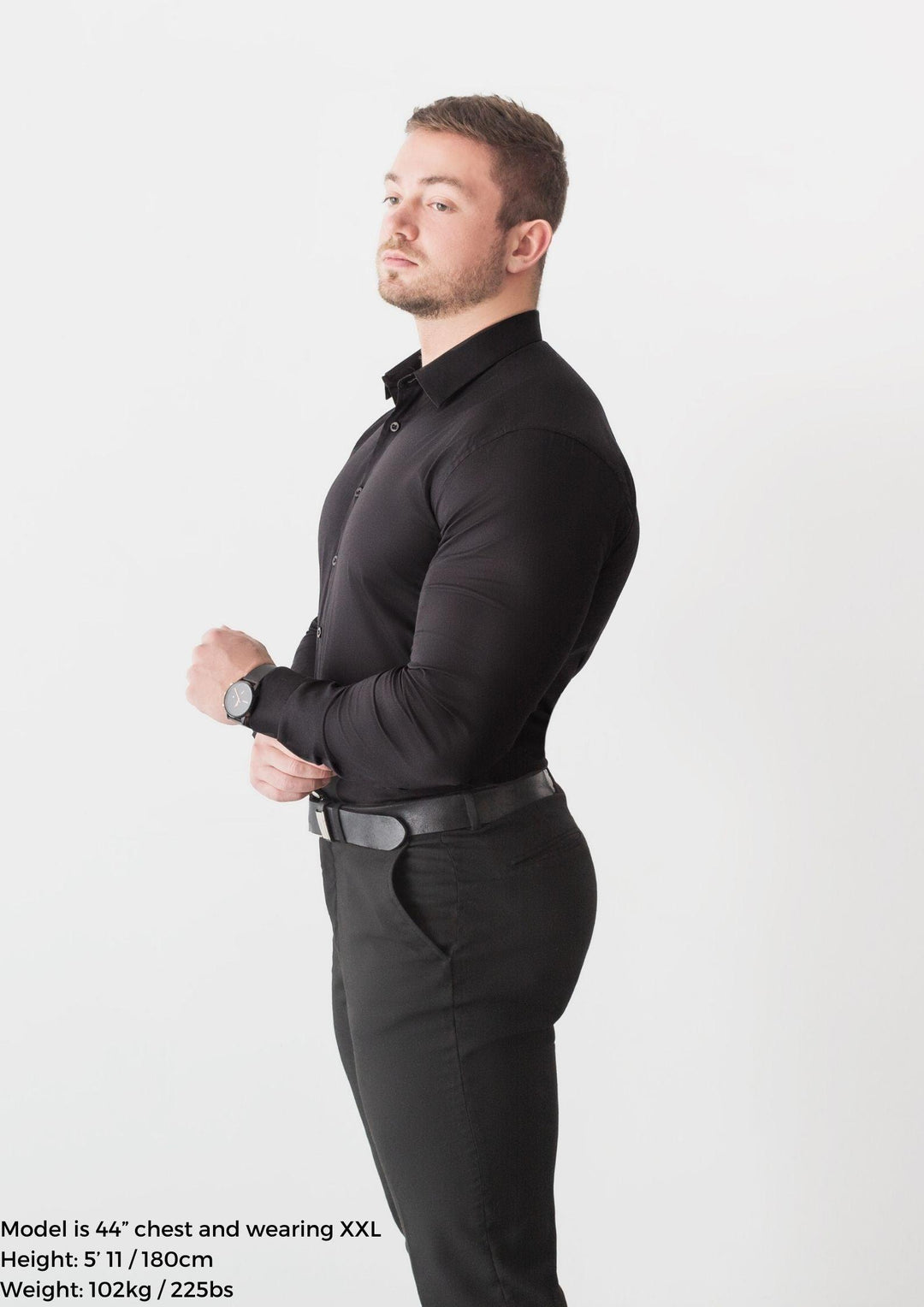Black Tapered Fit Shirt Side. A Proportionally Fitted and Comfortable Muscle Fit Shirt. Ideal for bodybuilders.