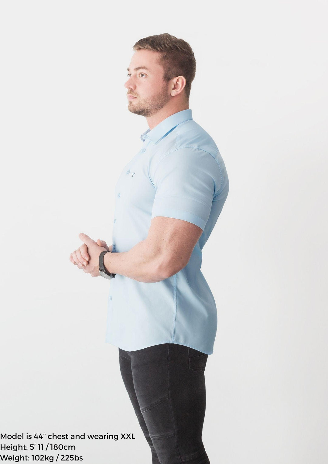 Blue Short Sleeve Tapered Fit Shirt Side. A Proportionally Fitted and Comfortable Short Sleeve Muscle Fit Shirt.