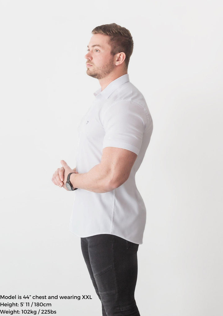 White Short Sleeve Tapered Fit Shirt Side. A Proportionally Fitted and Comfortable Short Sleeve Muscle Fit Shirt.