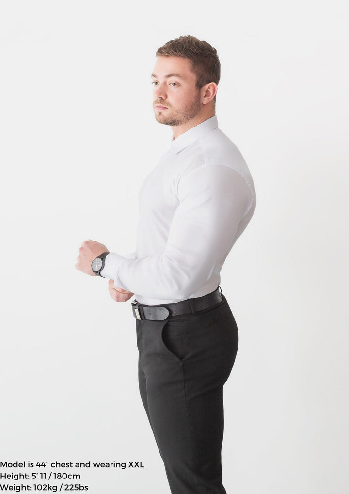 White Tapered Fit Shirt For Men. A Proportionally Fitted and white Muscle Fit Dress Shirt. Ideal for bodybuilders.