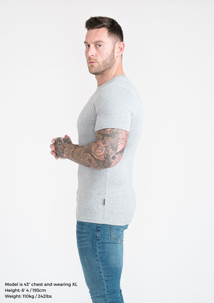 Grey Tapered Fit T-Shirt For Men. A Proportionally Fitted and Muscle Fit TShirt. Ideal for bodybuilders.
