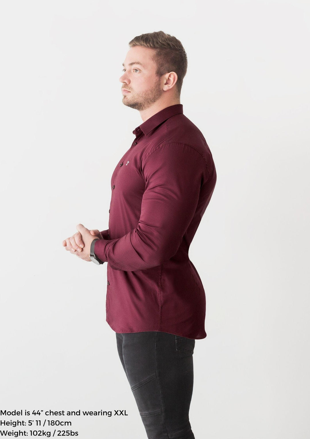 Burgundy Tapered Fit Shirt side. A Proportionally Fitted and Comfortable Muscle Fit Shirt. Ideal for bodybuilders