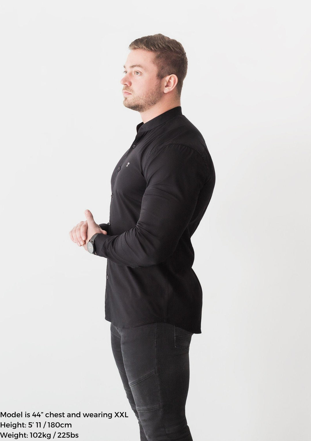 Grandad Collar Black Tapered Fit Shirt Side. A Proportionally Fitted and Comfortable Muscle Fit Shirt. Ideal for bodybuilders