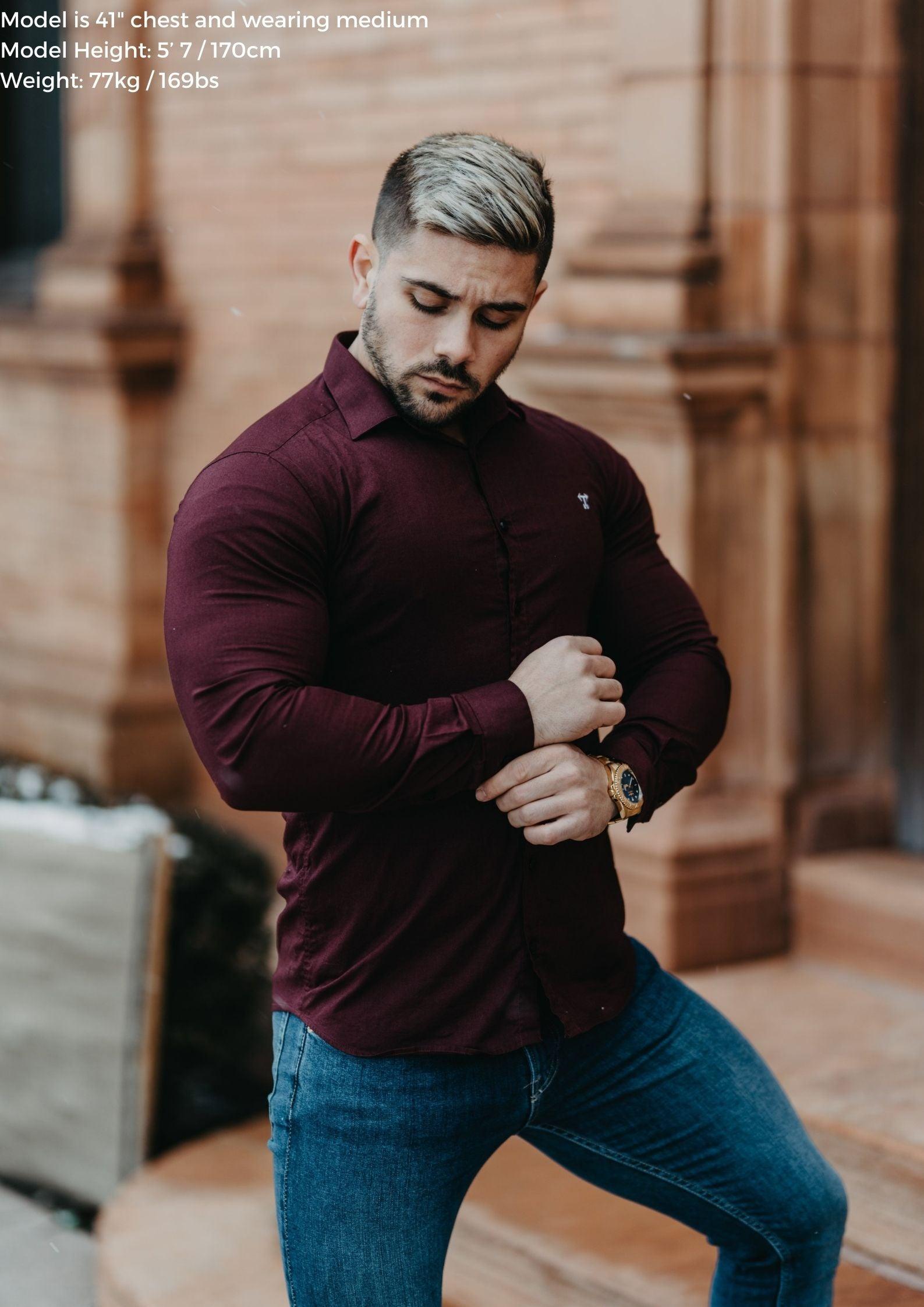 Burgundy shirt and jeans store