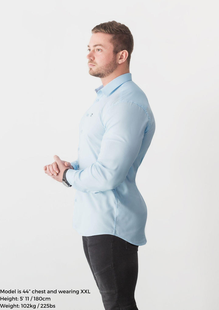 Baby Blue Tapered Fit Shirt. A Proportionally Fitted and Comfortable Muscle Fit Shirt. Ideal for bodybuilders