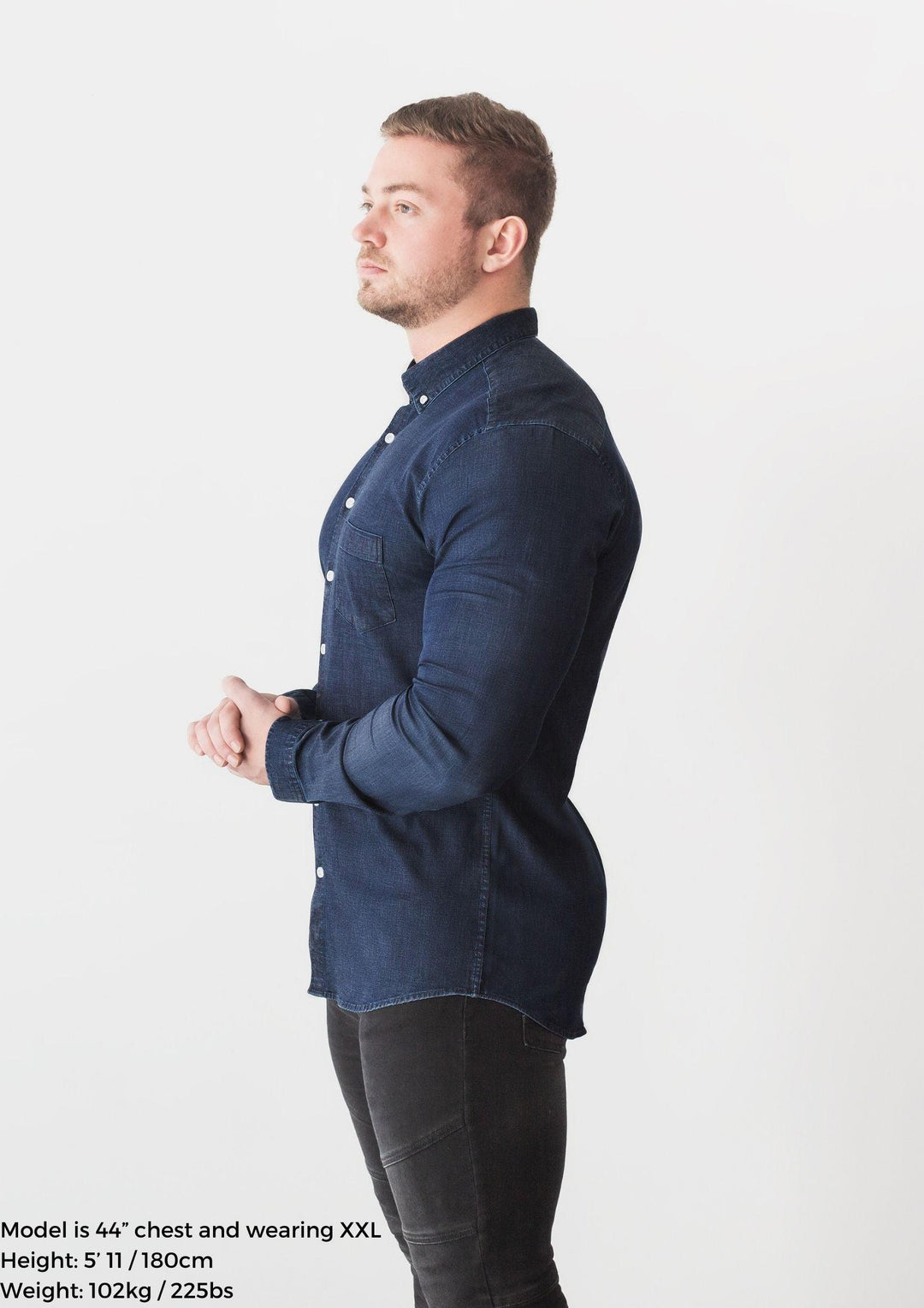 Navy Blue Denim Tapered Fit Shirt. A Proportionally Fitted and Denim Muscle Fit Shirt. Ideal for bodybuilders