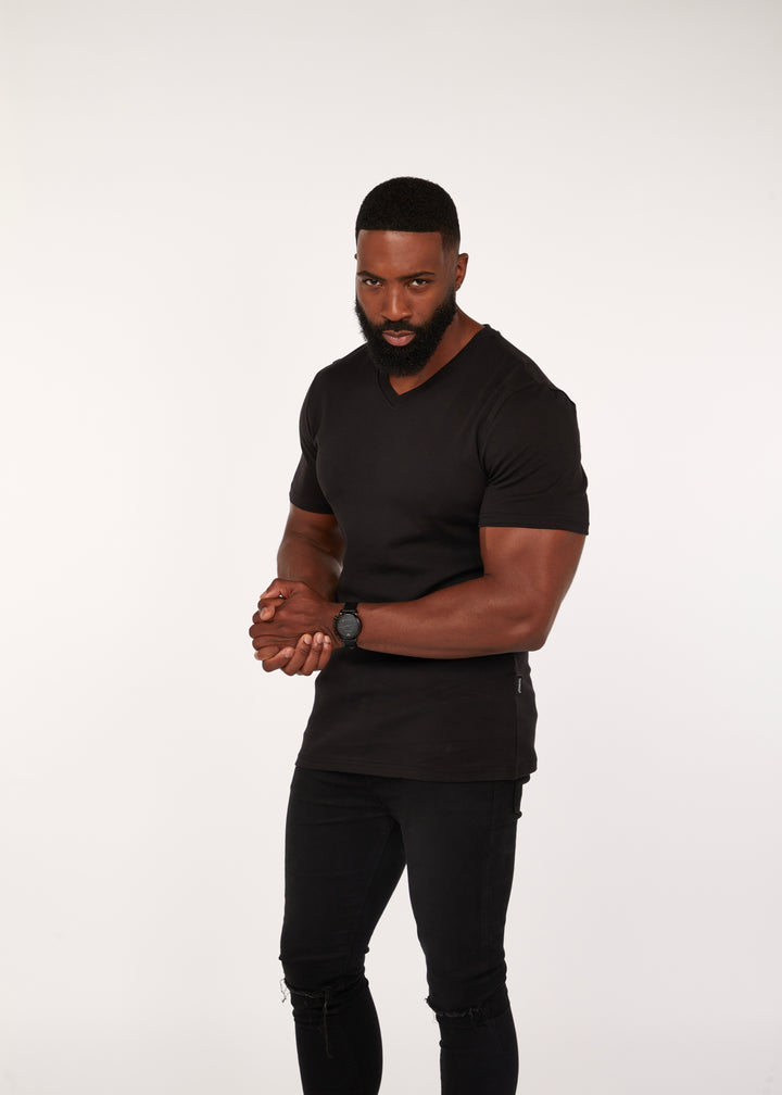 Muscle Fit Black V Neck Tee. A Proportionally Fitted and Muscle Fit V Neck. The best v neck t-shirt for muscular guys.