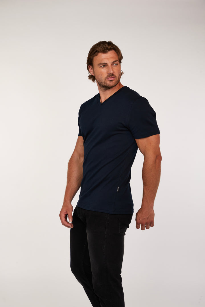 Navy Muscle Fit V-Neck T-Shirt in Short Sleeve For Men. A Proportionally Fitted and Muscle Fit V Neck. The best v neck t-shirt for muscular guys.