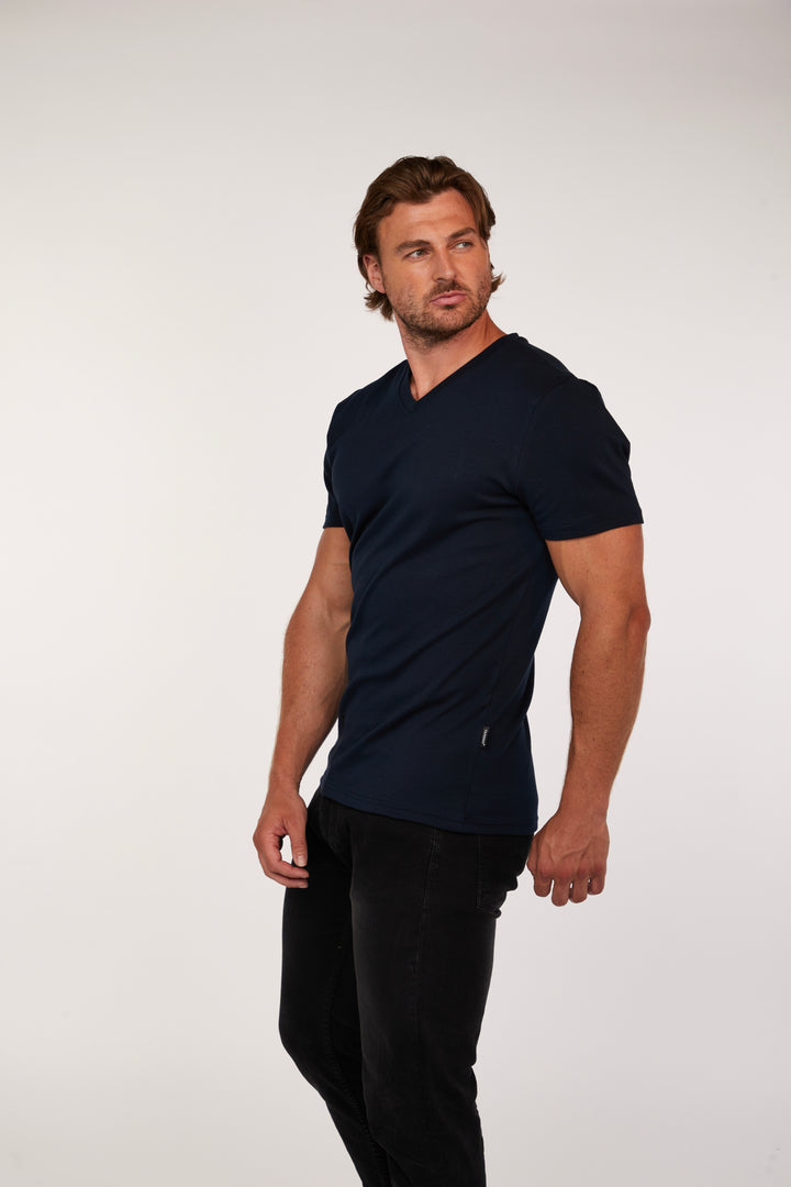Muscle Fit V-Neck Navy T-Shirt in Short Sleeve. A Proportionally Fitted and Muscle Fit V Neck. The best v neck t-shirt for muscular guys.