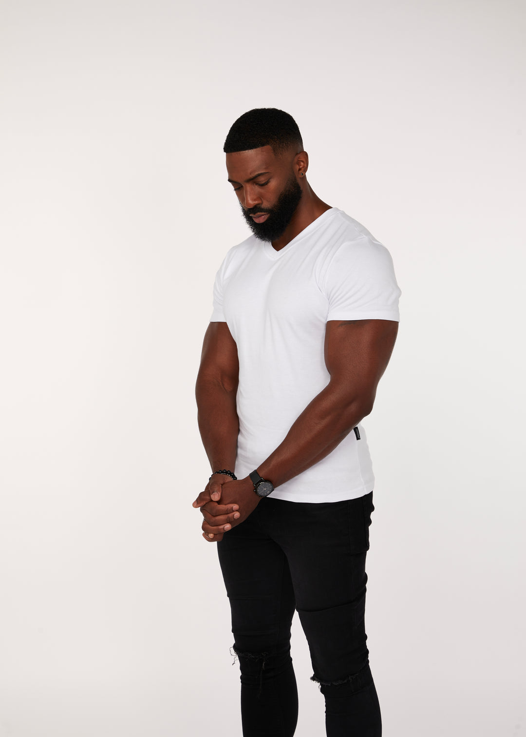 Muscle Fit Fit V-Neck T-Shirt in White. A Proportionally Fitted and Muscle Fit V Neck. The best v neck t-shirt for bodybuilders