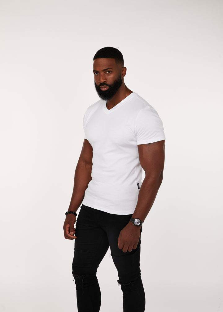 Mens Muscle Fit V-Neck T-Shirt in White. A Proportionally Fitted and Muscle Fit V Neck. The best v neck t-shirt for bodybuilders