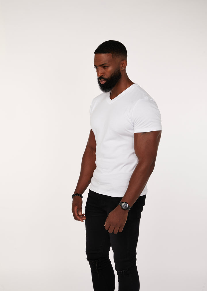 Muscle Fit Fit V-Neck Tee in White. A Proportionally Fitted and Muscle Fit V Neck. The best v neck t-shirt for bodybuilders