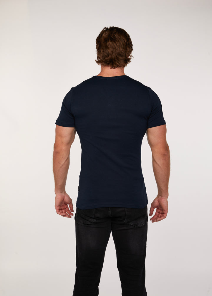 Navy Tapered Fit Short Sleeve Henley. A Proportionally Fitted and Muscle Fit henley. The best henley for muscular guys.