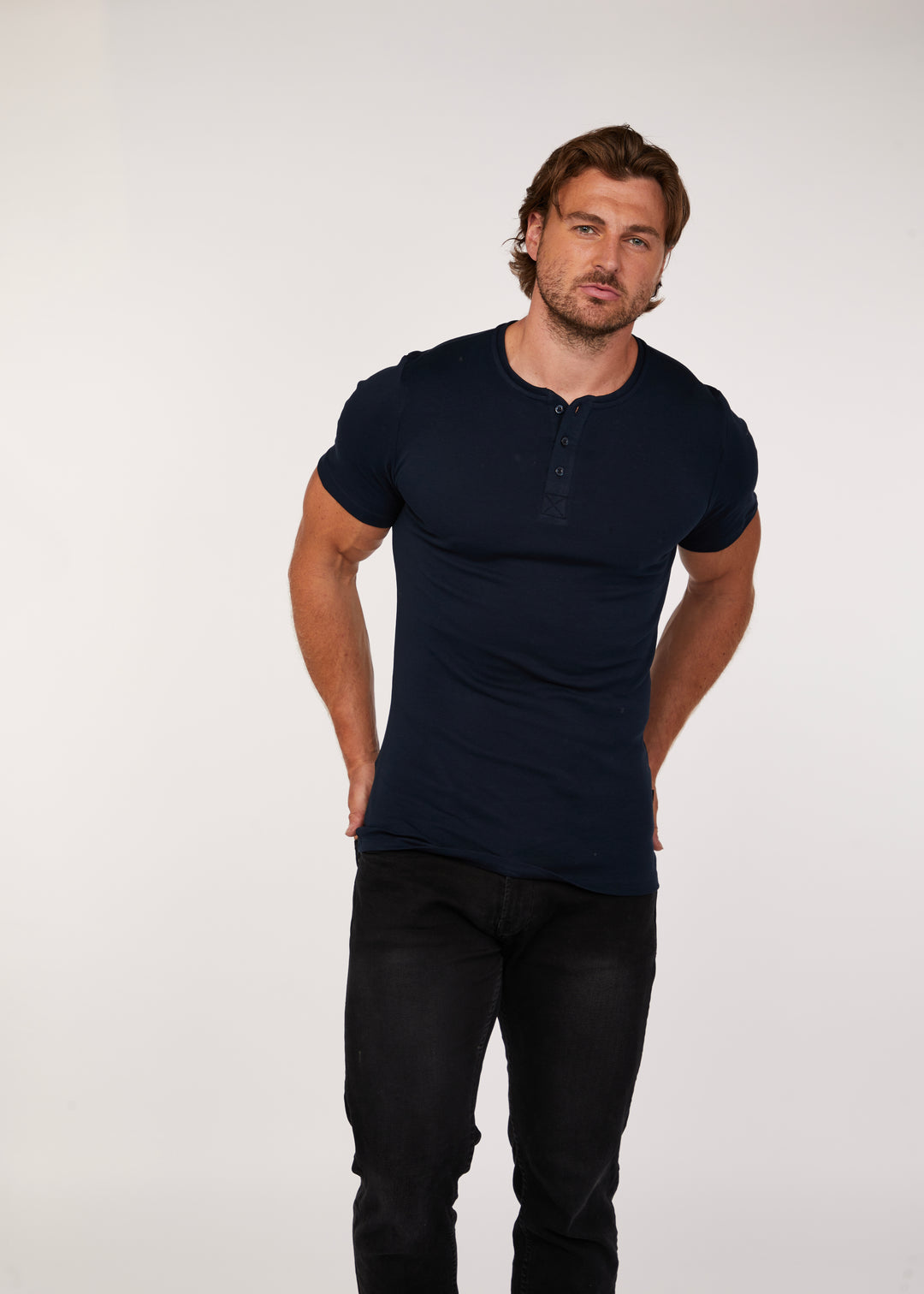 Mens Navy slim Fit Short Sleeve Henley. A Proportionally Fitted and Tapered Fit henley. The best henley for slim guys.