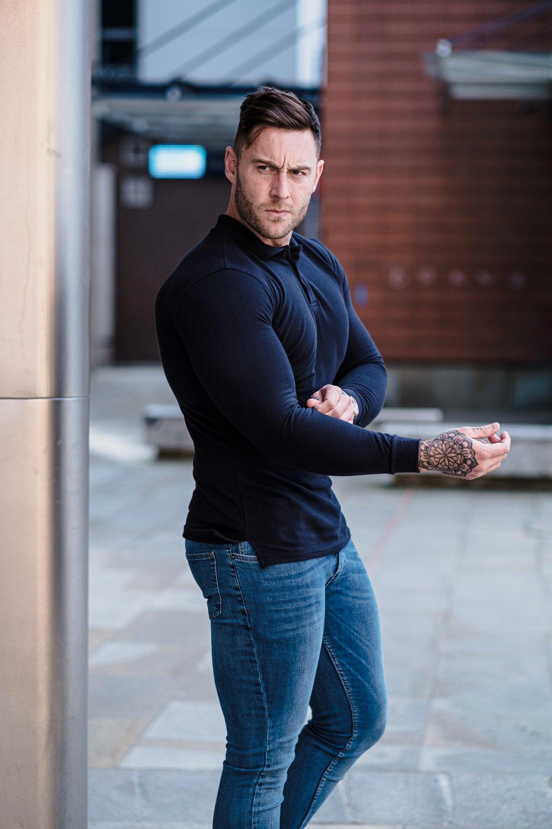 Navy Muscle Fit Polo. A Proportionally Fitted and Muscle Fit Polo Shirt. Ideal for muscular guys.