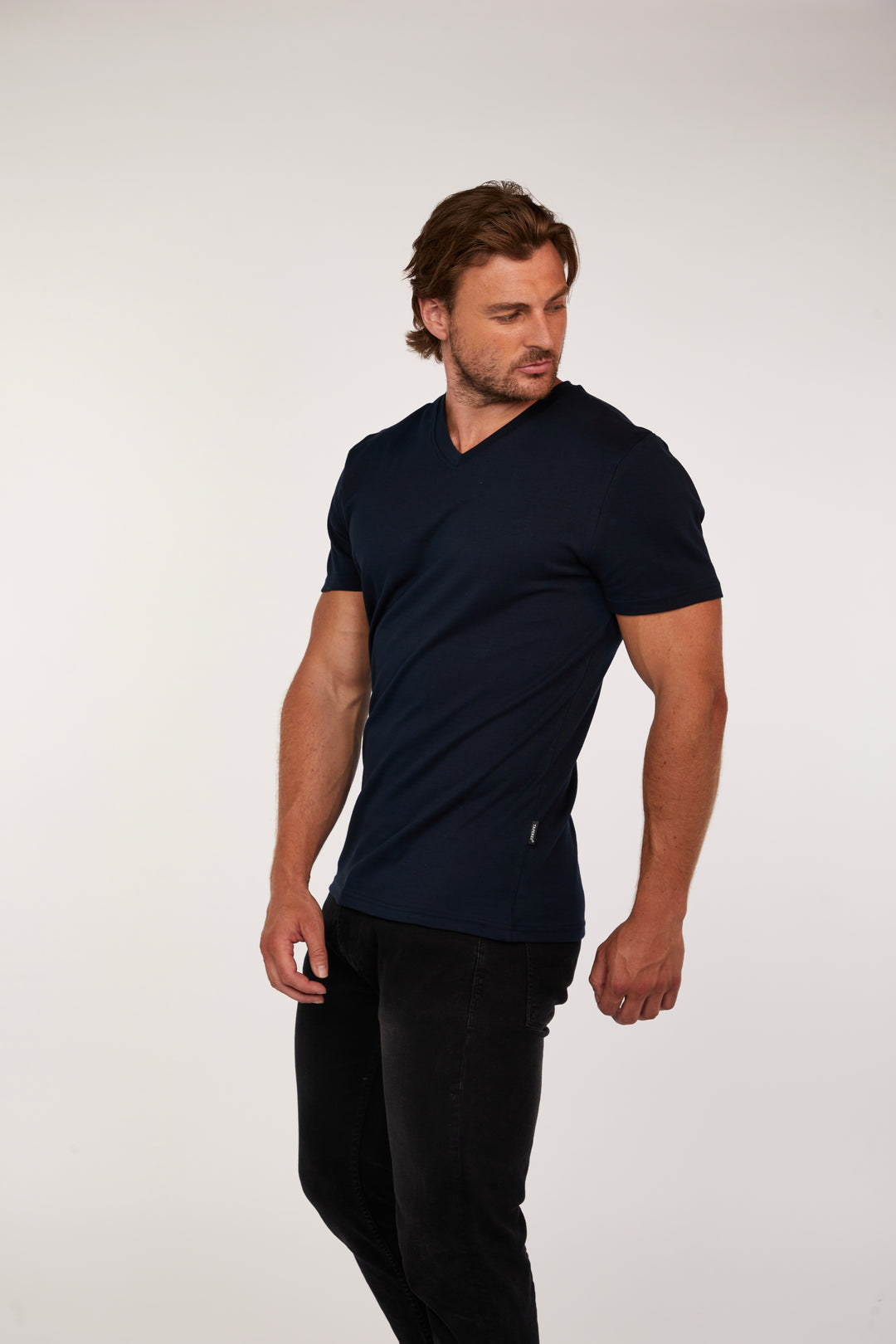 Navy Muscle Fit V-Neck T-Shirt in Short Sleeve. A Proportionally Fitted and Muscle Fit V Neck. The best v neck t-shirt for muscular guys.