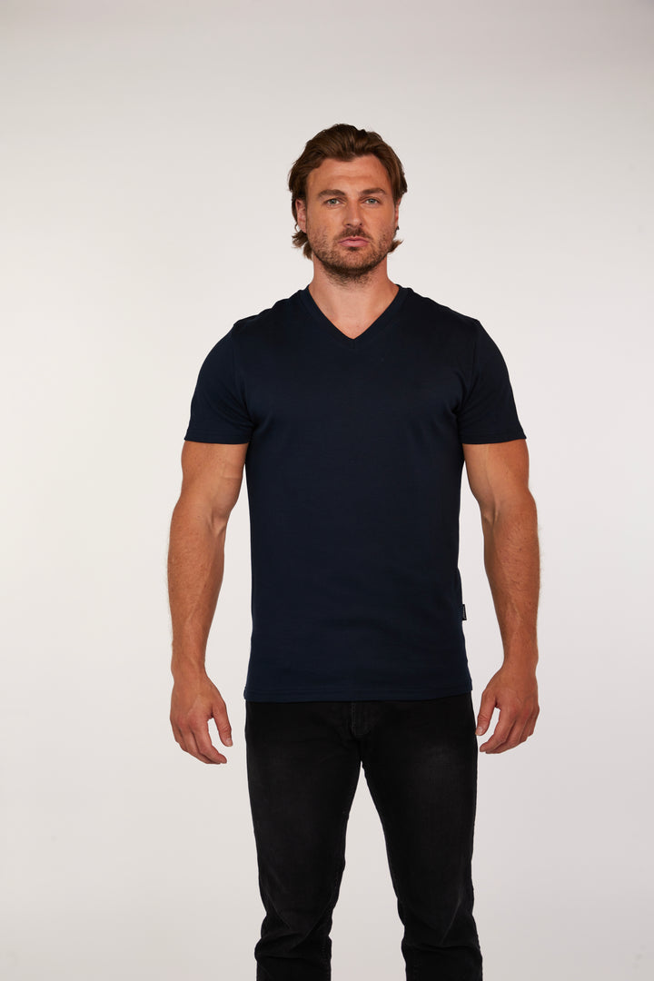 Mens Navy Tapered Fit V-Neck T-Shirt in Short Sleeve. A Proportionally Fitted and Muscle Fit V Neck. The best v neck t-shirt for muscular guys.