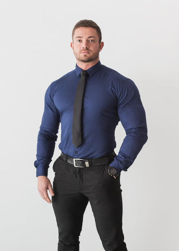Navy Blue Tapered Fit Shirt. A Proportionally Fitted and Comfortable Navy Muscle Fit Shirt for formal occasions. Ideal for bodybuilders