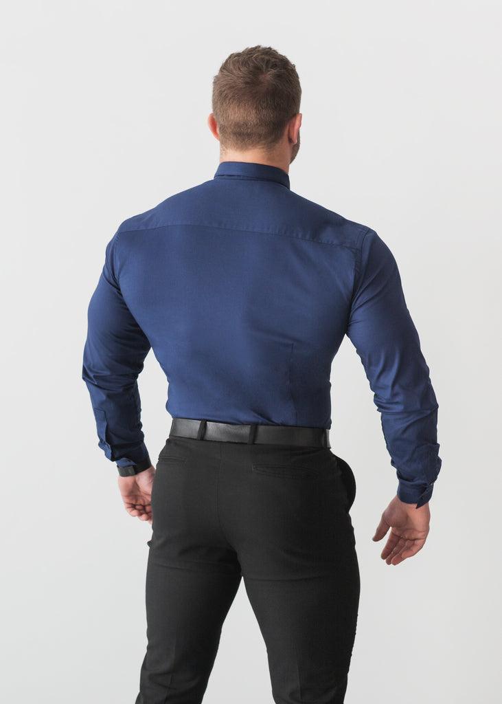 Navy Blue Tapered Fit Shirt. A Proportionally Fitted and Comfortable Navy Tapered Fit Shirt. Ideal for bodybuilders