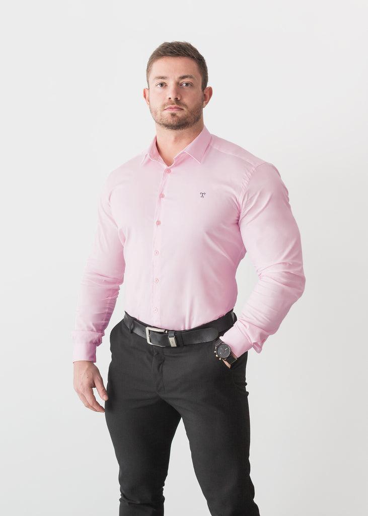 Light Pink Tapered Fit Shirt For Men. A Proportionally Fitted and Pink Muscle Fit Shirt. Ideal for bodybuilders.