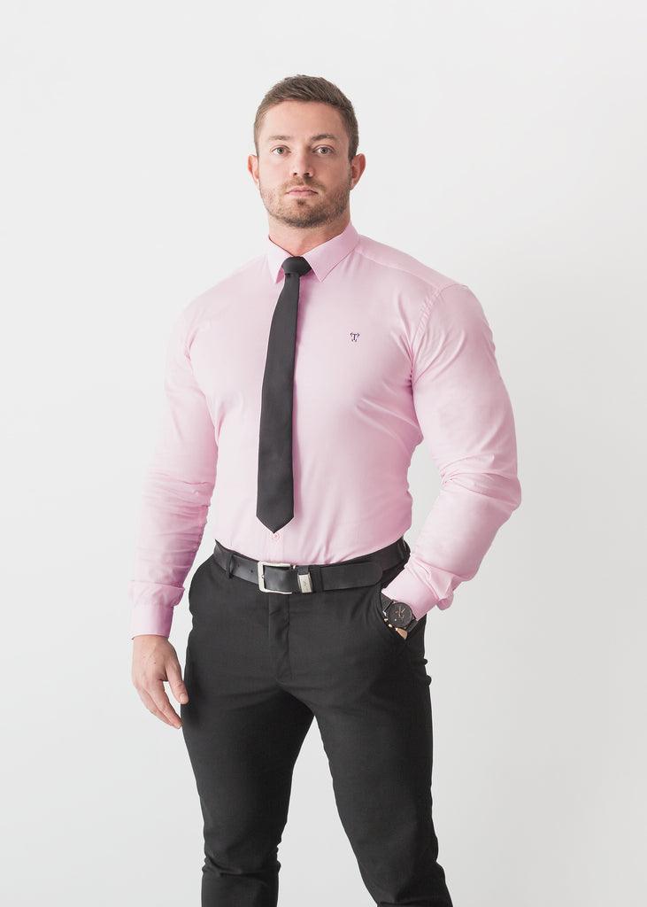 Light Pink Muscle Fit Shirt with Tie. A Proportionally Fitted and Pink Muscle Fit Shirt. Ideal for bodybuilders.