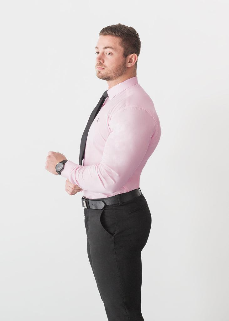Light Pink Tapered Fit Shirt For Men. A Proportionally Fitted and Pink Muscle Fit Shirt for formal occasions or the office. Ideal for bodybuilders.