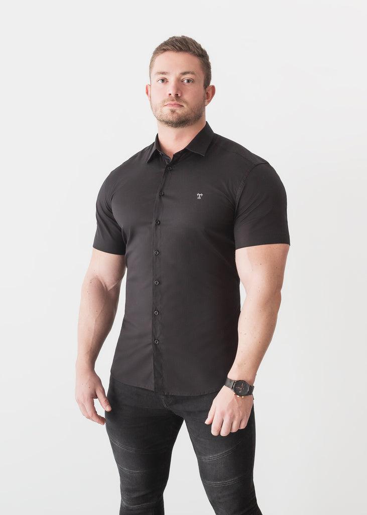 Black Short Sleeve Muscle Fit Shirt. A Proportionally Fitted and Comfortable Muscle Fit Shirt. The Best Shirts For a Muscular Build