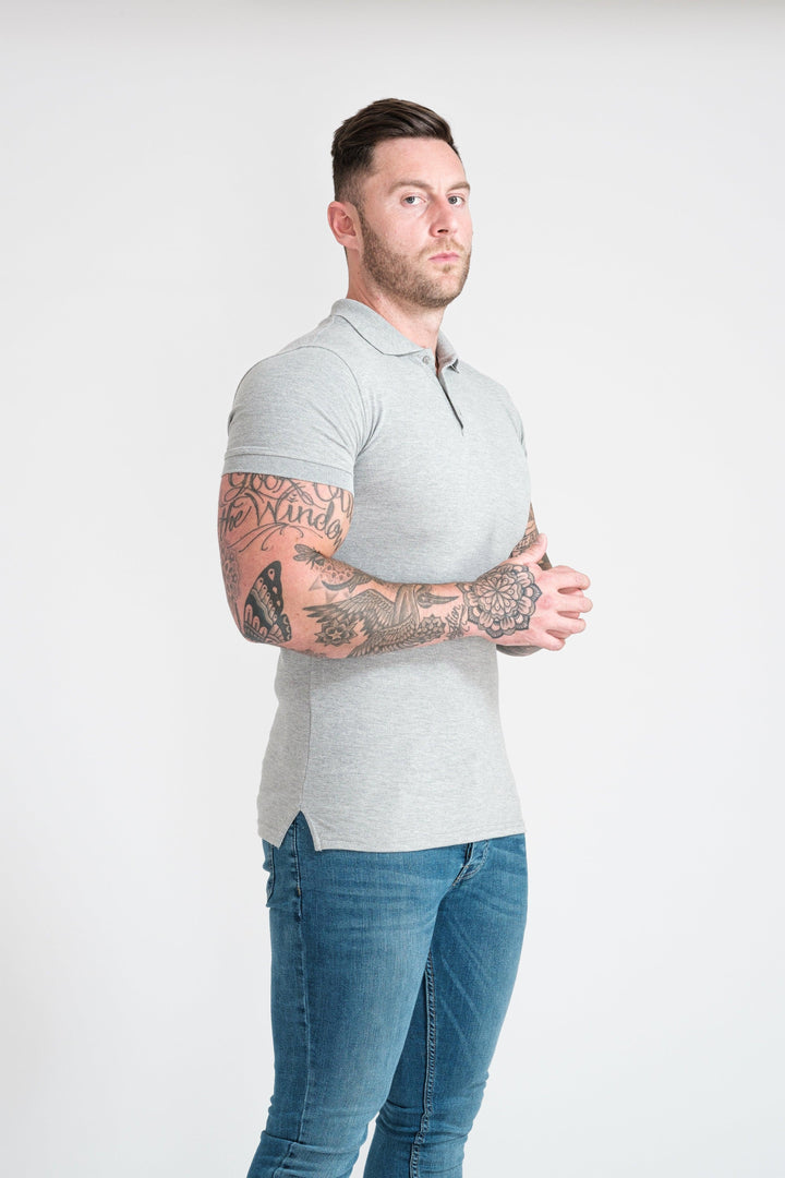 Short Sleeve Grey Muscle Fit Polo Shirt. A Proportionally Fitted and Muscle Fit Polo. Ideal for muscular guys.