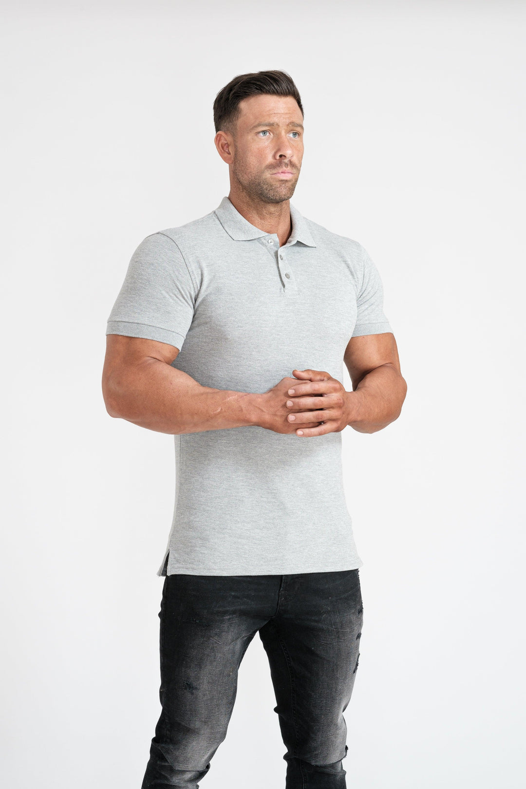 Grey Tapered Fit Polo Shirt For Men. A Proportionally Fitted and Tight Polo Shirt. Ideal for muscular guys.