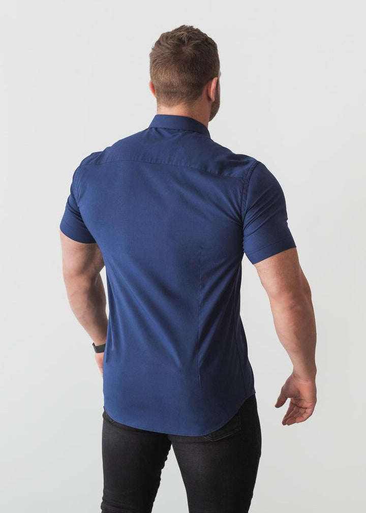 Navy Short Sleeve Tapered Fit Shirt. A Proportionally Fitted and Comfortable Tapered Fit Shirt. The Best Shirts For a Muscular Build