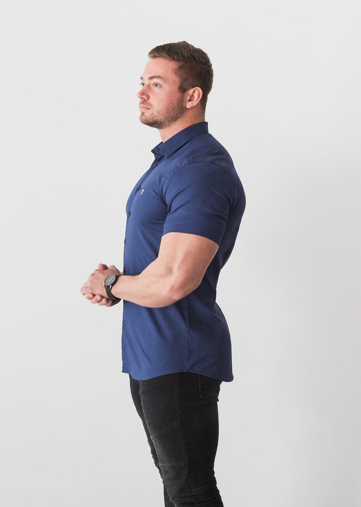 Navy Blue Short Sleeve Muscle Fit Shirt. A Proportionally Fitted and Comfortable Muscle Fit Shirt. The Best Shirts For a Muscular Build