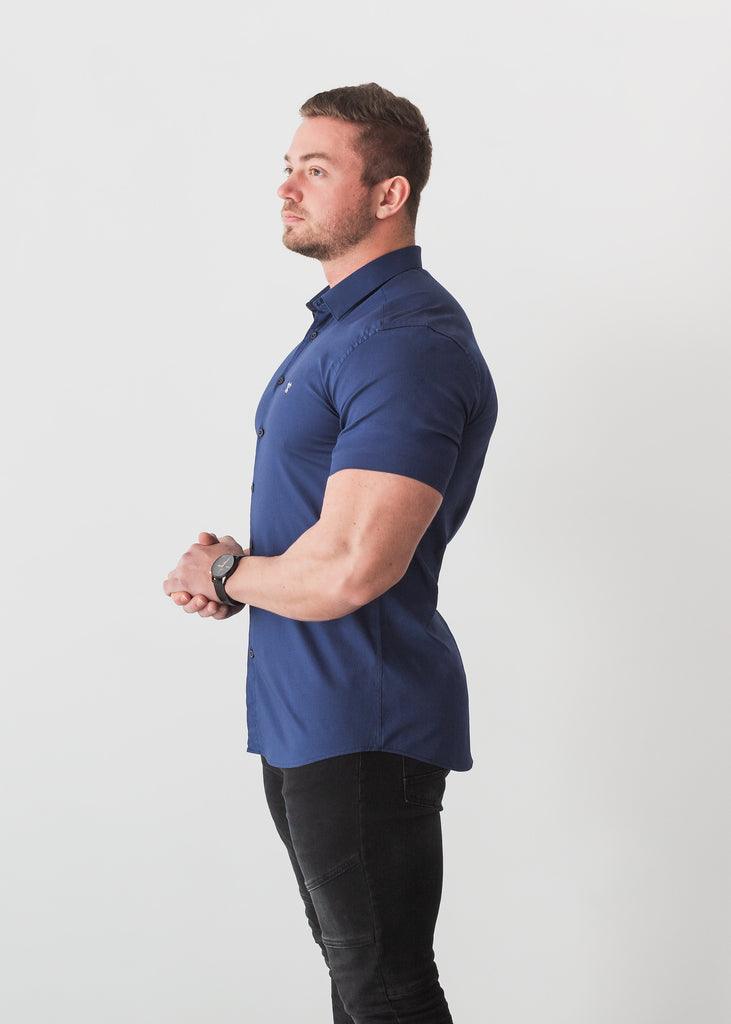 Navy Blue Short Sleeve Muscle Fit Shirt. A Proportionally Fitted and Comfortable Muscle Fit Shirt. The Best Shirts For a Muscular Build